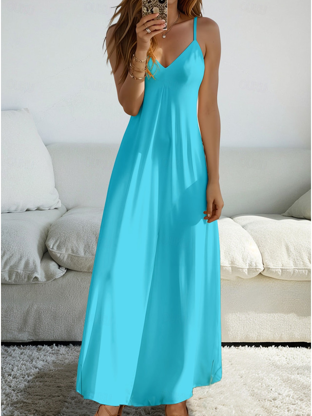  Abito Maxi da Donna Abito Estivo Abito A-Line Abito Scivoloso Vacanza Casual Vacanza Quotidiana Spiaggia Regolare Fit Colore Solido Grafico Semplice Senza Maniche Collo a V Nero Bianco Giallo Vino