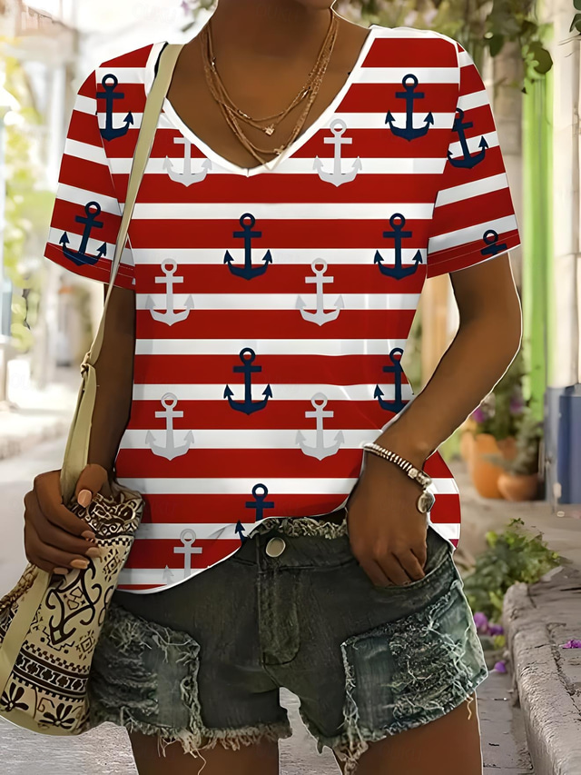  Kvinnors patriotiska T-shirt oceanrandig avslappnad kort ärm V-ringad regelbunden topp daglig utgångshelgtryck röd sommar