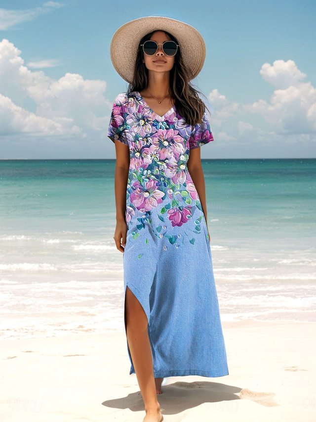  Femmes Robe maxi Robe d'Été Robe trapèze Robe d'été Vacances Occasionnel Quotidien Coupe régulière Fleuri Graphique Manche Courte Col en V Noir Rouge Bleu Printemps Automne