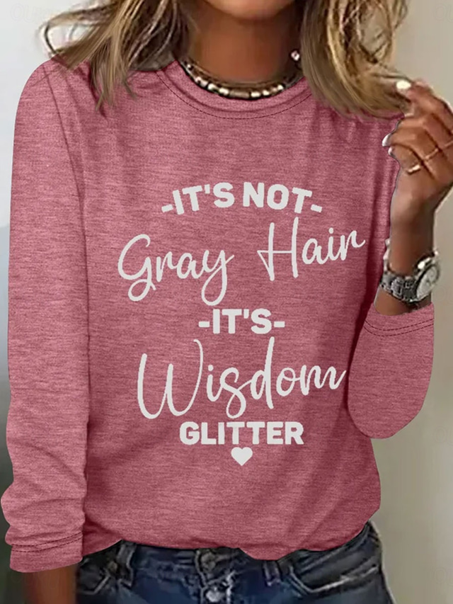  Women's T Shirt Graphic Letter Casual Long Sleeve Crew Neck Regular Tops Daily Print Black White Pink Gray Spring Fall