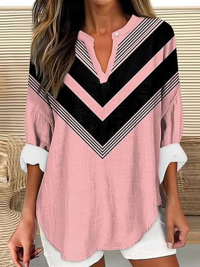  Women's Shirt Graphic Geometric Vintage Tropical Hawaiian Long Sleeve V Neck Regular Tops Daily Holiday Beach Wear Print White Pink Blue Purple Green Summer Spring