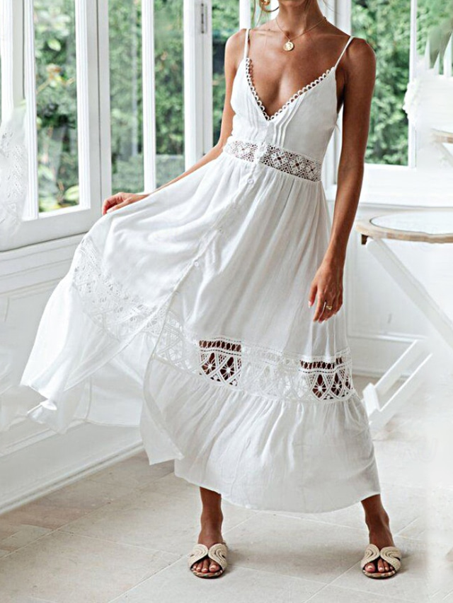  Women's Midi Dress Cotton Linen Dress Slip Dress Boho Dress Basic Classic Modern Vacation Holiday Going out Regular Fit Plain Sleeveless Spaghetti Strap White Summer