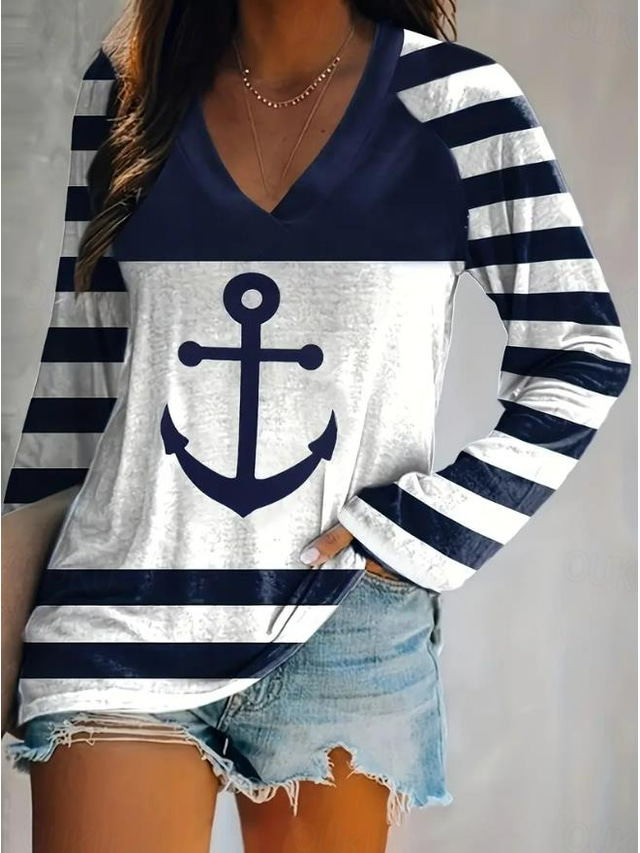  Women's Blouse Graphic Ocean Striped Casual Beach Long Sleeve V Neck Regular Tops Daily Going out Weekend Print Navy Blue Spring Fall