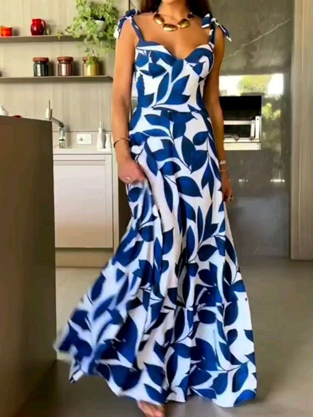  Women's Long Dress Maxi Dress Party Dress Cocktail Dress Elegant Fashion Party Tea Party Weekend Regular Fit Flower Sleeveless Spaghetti Strap Blue Summer