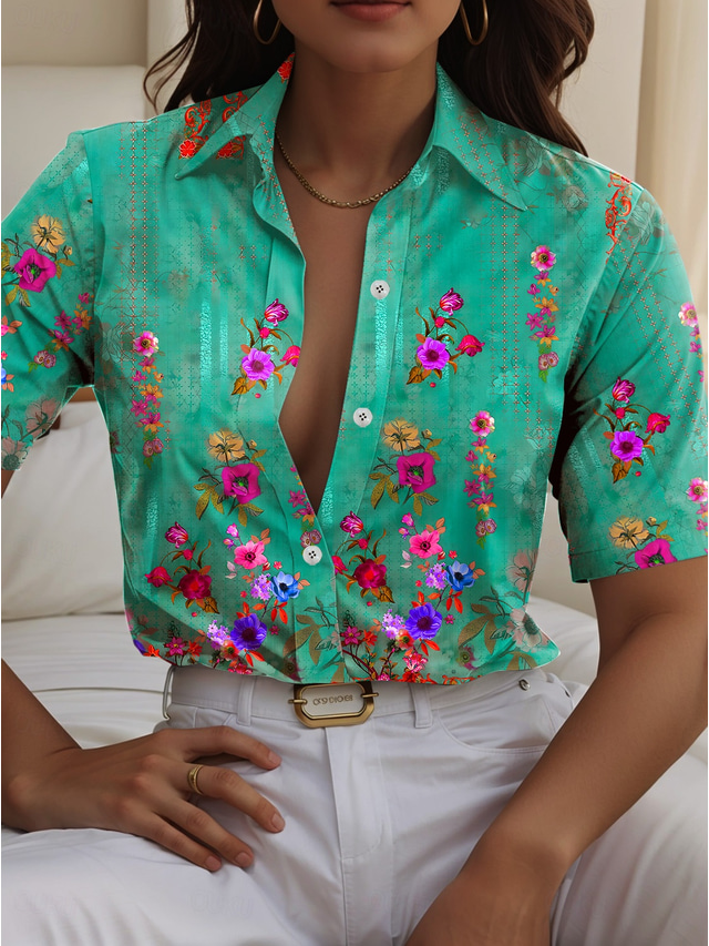 Women's Shirt Long Sleeve Button Down Blouse Floral Graphic Daily Stylish Short Sleeve Shirt Collar Regular Tops Daily Blue Orange Green Rose Pink Summer Spring