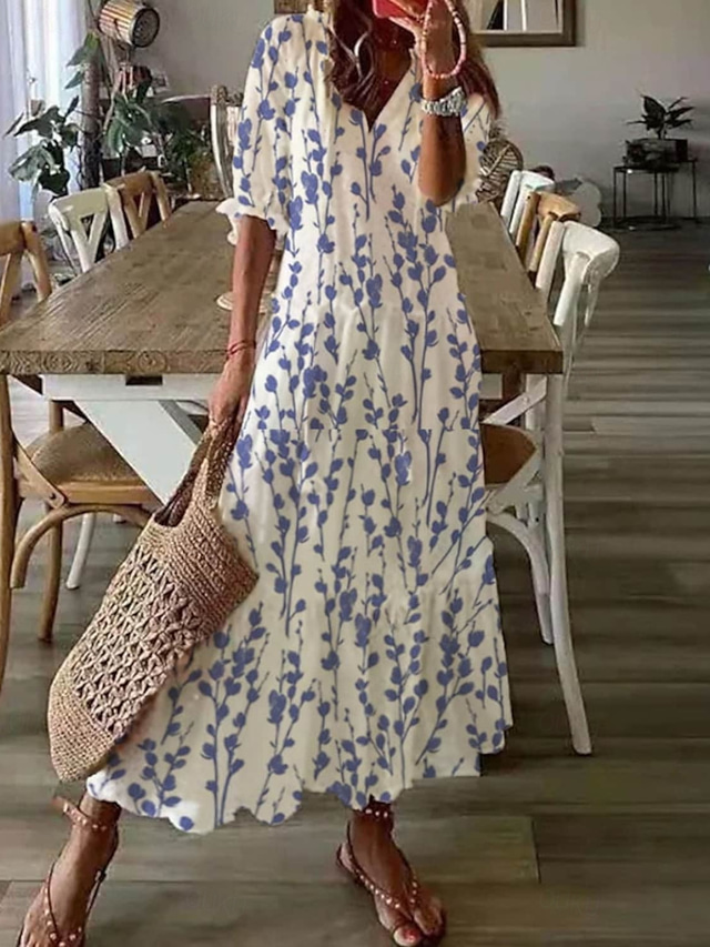  Women's Long Dress Maxi Dress Casual Dress Boho Dress Print Dress Peplum Dresses Romantic Classic Elegant Dress Puff Sleeve Vacation Daily Holiday Loose Fit Graphic Flower Half Sleeve V Neck Light