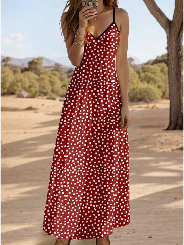  Maxikleid für Frauen Strandkleid A-Linie Kleid Unterkleid Urlaub Lässig Urlaub Alltag Strand Regulaere Passform Grafik Polka Dot Ärmellos V-Ausschnitt Wein Sommer Frühling