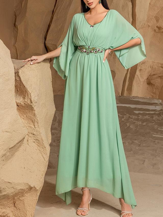  Rochie Verde Mama Miresei Elegantă Casuală Decolteu în V Lungime Pe Podea Chiffon Mâneci 3/4 cu Cristale