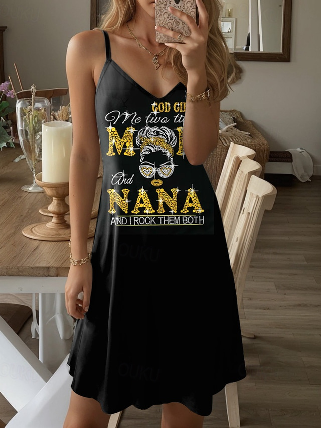  Mother's Day Women's Mini Dress A Line Dress Summer Dress Slip Dress Off The Shoulder Dress Vacation Casual Daily Regular Fit Graphic Letter Sleeveless V Neck Black White Summer