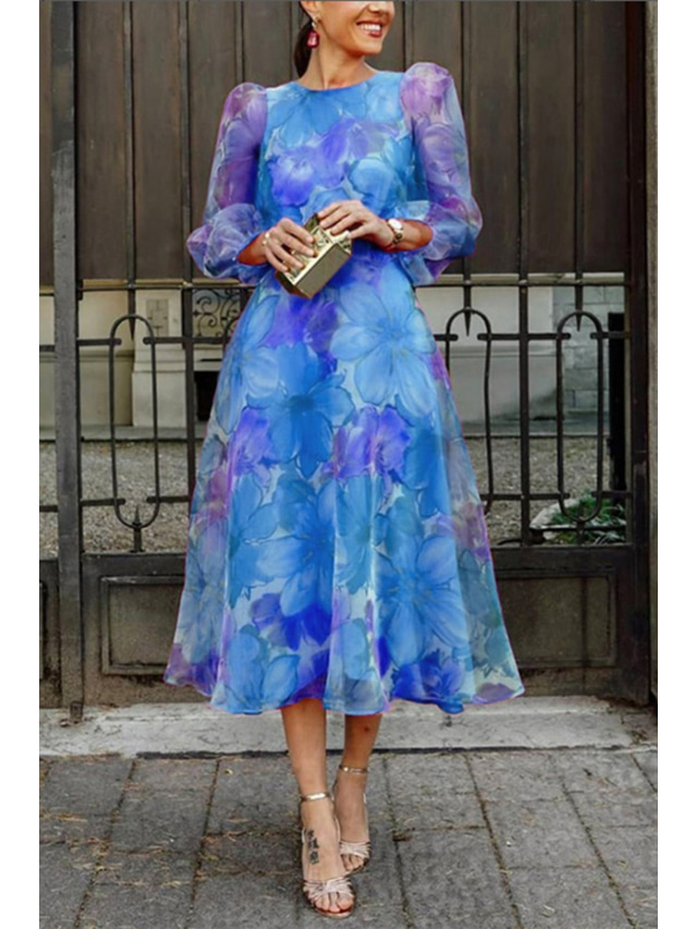  Women's Midi Dress Floral Dress Print Dress Fashion Classic Modern Puff Sleeve Vacation Going out Weekend Regular Fit Flower Long Sleeve Crew Neck Blue Rose Red Summer