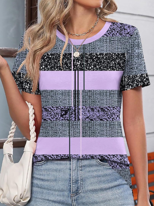  Women's T Shirt Graphic Geometric Color Block Casual Short Sleeve Round Neck Regular Tops Daily Print Purple Summer