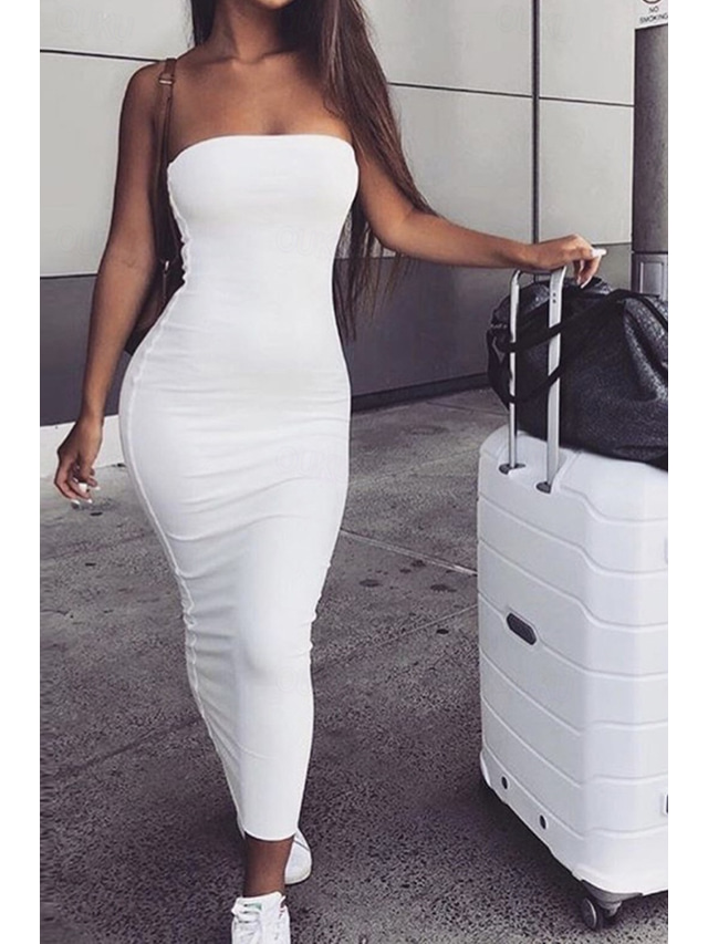 Women's Midi Dress White Dress Graduation Dress Bodycon Fashion Outdoor Birthday Date Regular Fit Plain Sleeveless Strapless Black White Army Green Red Summer