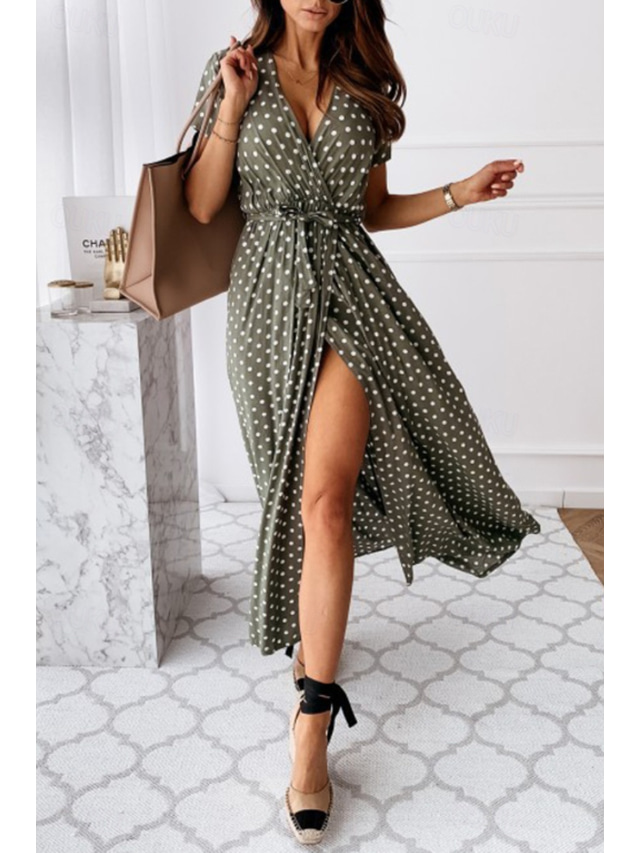  Women's Midi Dress Casual Dress Boho Dress Classic Vacation Daily Holiday Regular Fit Polka Dot Short Sleeve V Neck Black Pink Green Summer