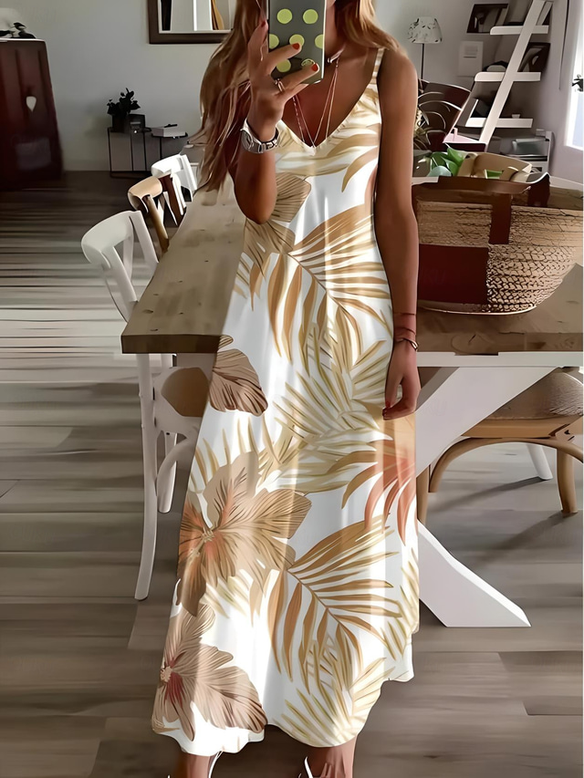  Per donna Vestito longuette Prendisole Abito linea A Abito sottoveste Festività Informale Da mare Giornaliero Spiaggia Standard Pop art A foglia Tropicale Senza maniche A V Giallo Chiaro Estate