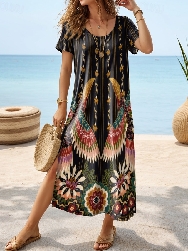  Damen Midikleid Sommerkleid A Linie Kleid Urlaub Brautkleider schlicht Boho Schmetterling Urlaub Ausgehen Regular Fit Blumen Graphic Stammes Kurzarm Rundhalsausschnitt Schwarz Sommer