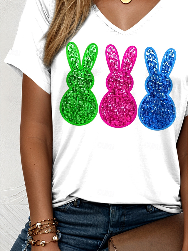  Easter Women's T Shirt Graphic Animal Elegant Vintage Casual Short Sleeve V Neck Regular Tops Daily Weekend Vacation Wear Print White Summer
