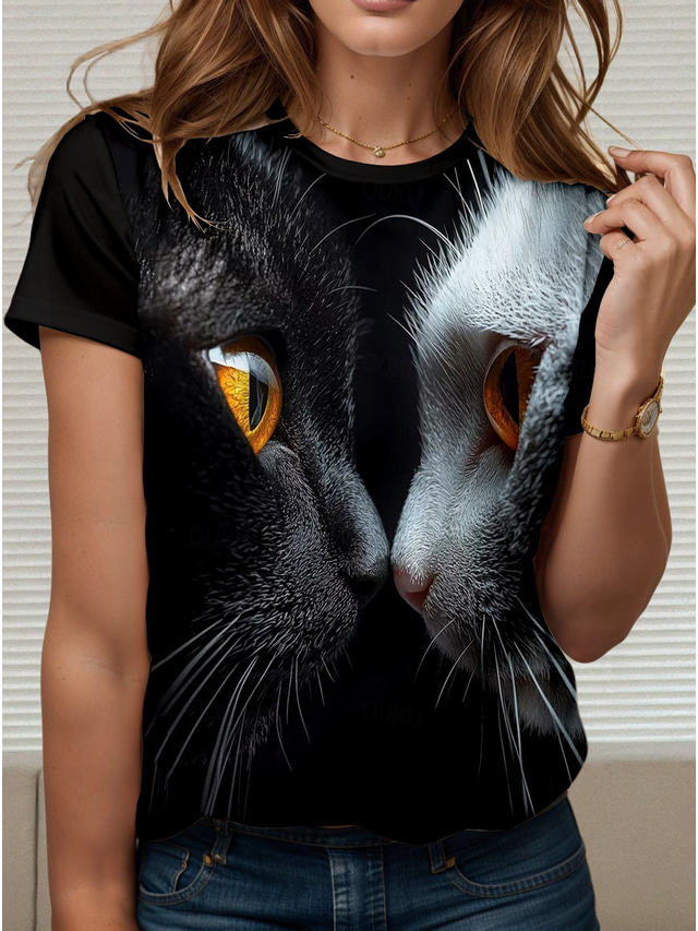  Women's T Shirt Animal Cat Stylish Casual Short Sleeve Crew Neck Regular Tops Daily Print Black Summer Spring