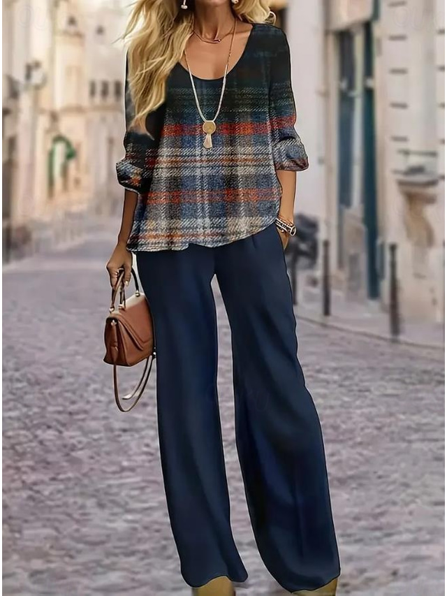  Completo da donna in 2 pezzi maglietta basic neon e brillante camicetta maniche a 3/4 scollatura a V stampa geometrica casual blu scuro estate vestibilità regolare