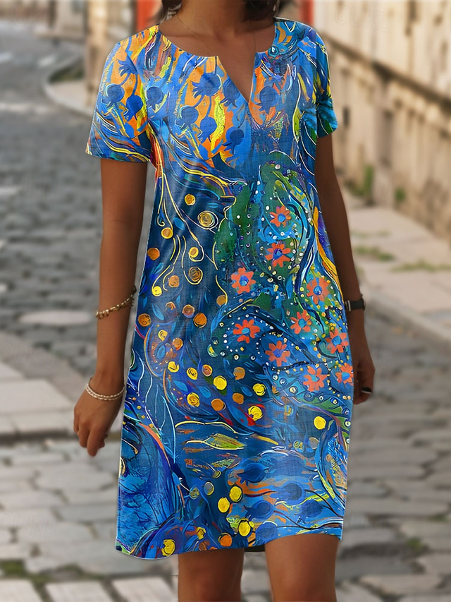  Women's Mini Dress Casual Dress T Shirt Dress Tee Dress Shift Dress Summer Dress Elegant Stylish Formal Vacation Work Casual Linen Like Regular Fit Floral Graphic Short Sleeve V Neck Blue Summer