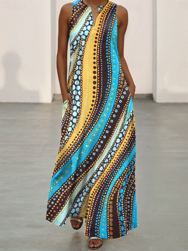  Damen Maxi Kleid A-Linie Kleid Lässig Alltag Lockerer Schnitt Geometrisch Ärmellos Eingekerbter Ausschnitt Blau Sommer