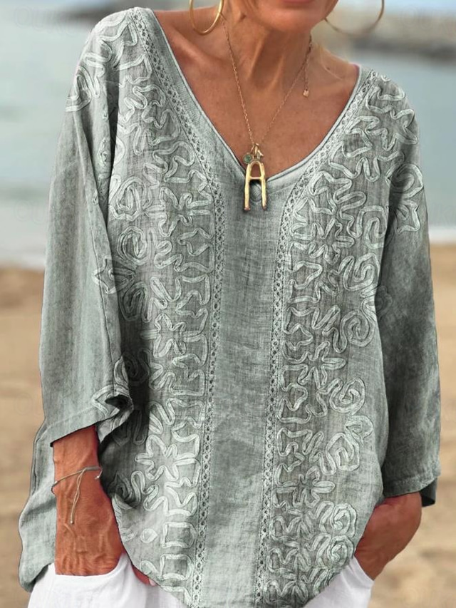  Women's Blouse Floral Graphic Stylish Ethnic Beach 3/4 Length Sleeve V Neck Regular Tops Daily Holiday Print Blue Gray Summer Spring