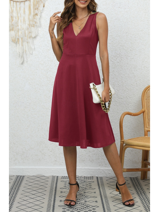  Women's Midi Dress Party Dress Cocktail Dress Fashion Party Birthday Date Regular Fit Plain Sleeveless V Neck Black Wine Blue Dark Green Summer