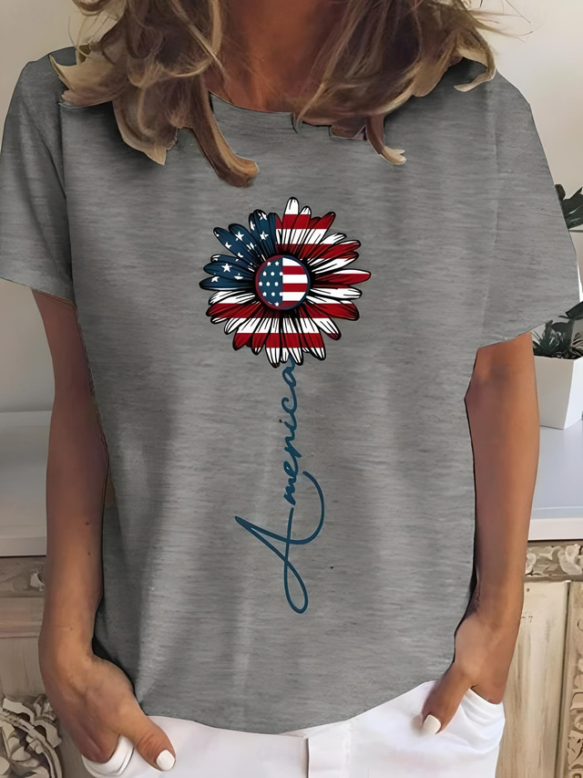  Kvinnes patriotiske T-skjorte Floral Amerikansk Flaggs nasjonalflagg Casual Rød Hvit og Blå Kortermet Rund hals Vanlige topper Daglig Utgangshelg Print Hvit Grå