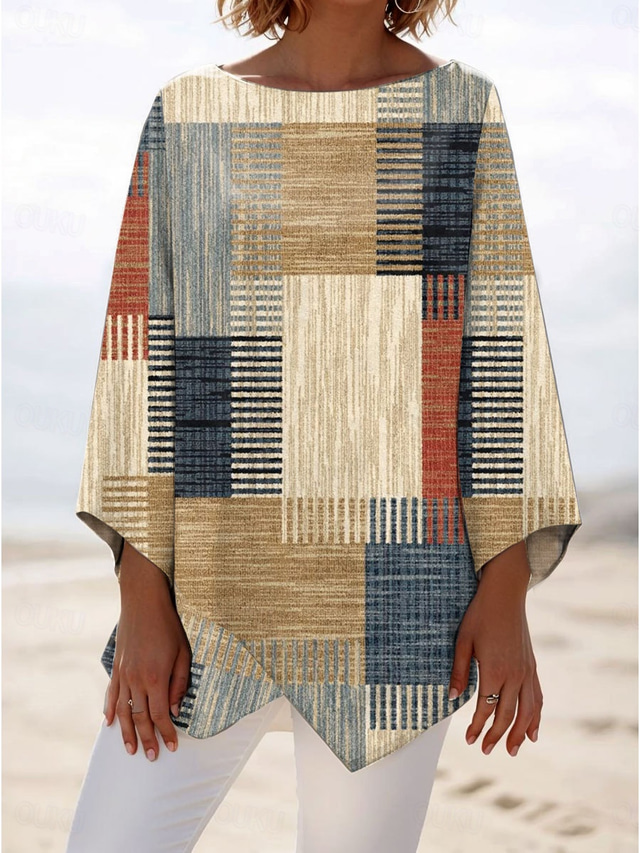  Women's Blouse Long Sleeve Asymmetrical Hem Graphic Geometric Plaid Stylish Beach 3/4 Length Sleeve Crew Neck Regular Tops Daily Print Khaki Spring Fall