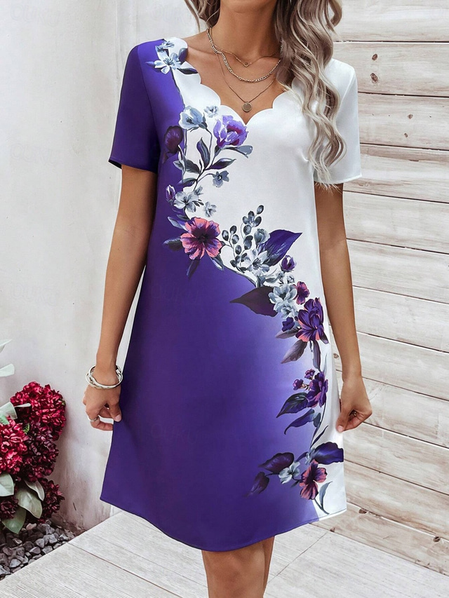  Dam Mini klänning T shirtklänning A linjeklänning Sommarklänning Ledigt Dagligen Normal Blommig Grafisk Kortärmad Naggad hals Purpur Sommar