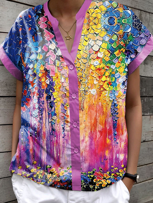 Women's Shirt Floral Graphic Stylish Beach Short Sleeve Shirt Collar Regular Tops Daily Buttons Print Purple Spring Fall