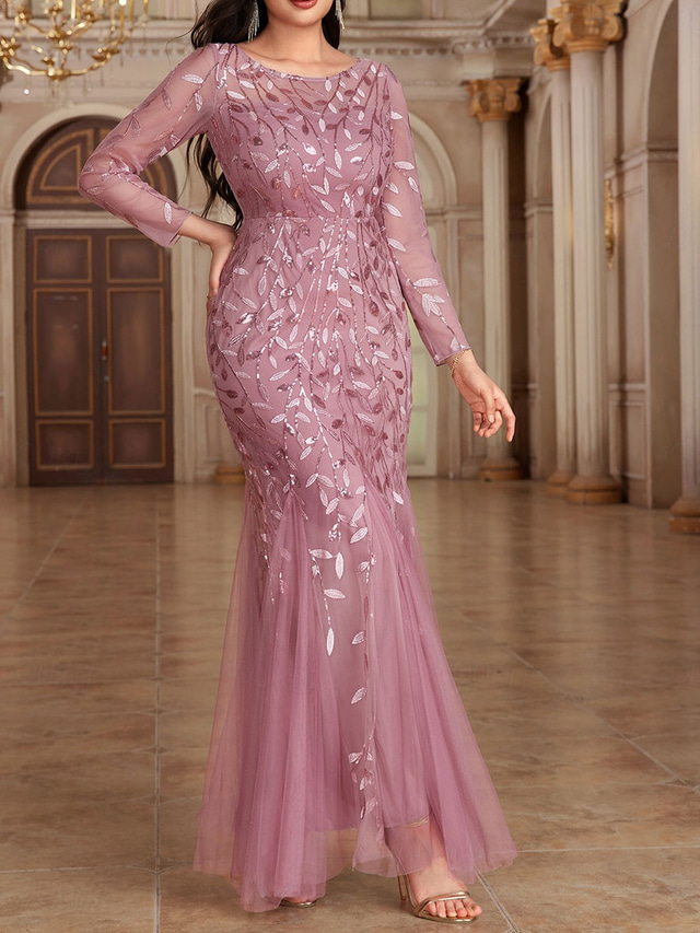  Dress Mother of the Bride Dress Elegant Party Crew Neck Floor Length Polyester Long Sleeve with Embroidery