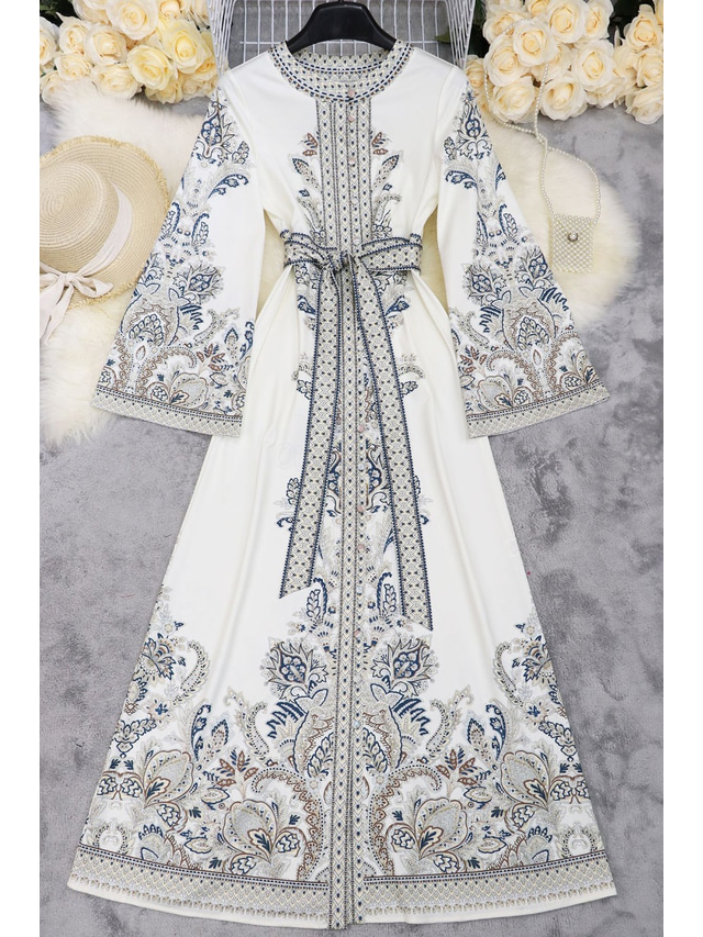  Women's Midi Dress Boho Dress Fashion Modern Outdoor Holiday Going out Regular Fit Flower Long Sleeve Crew Neck White Summer