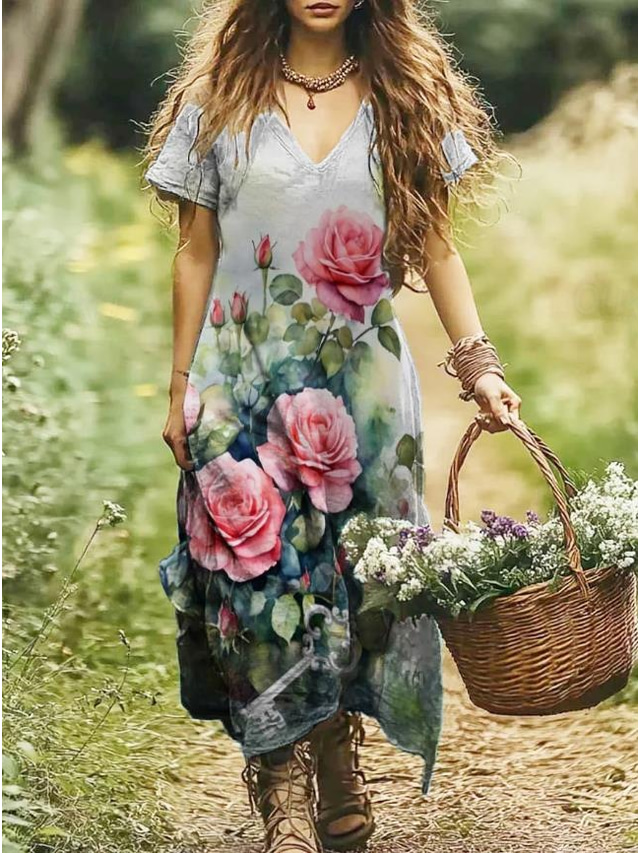  Damen Maxi Kleid Sommerkleid A-Linie Kleid Urlaub Lässig Urlaub Alltag Reguläre Passform Floral Grafik Kurzarm V-Ausschnitt Aschblau Lila Sommer Frühling