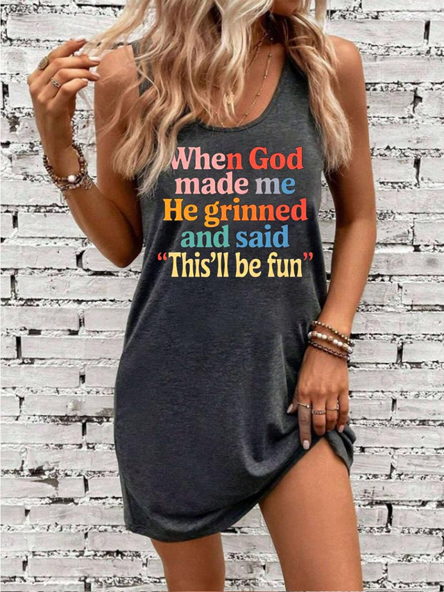  Damen God Minikleid Sommerkleid Casual Beach Daily Loose Fit Grafik Buchstabe Ärmellos U-Ausschnitt Schwarz Grau Sommer