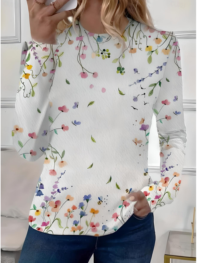  Women's T Shirt Ombre Floral Elegant Casual Long Sleeve Crew Neck Regular Tops Daily Going out Beach Wear Print White Summer Spring