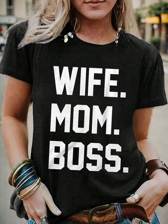  Women's Funny T Shirt Graphic Letter Stylish Casual Short Sleeve Round Neck Regular Tops Daily Weekend Print Black