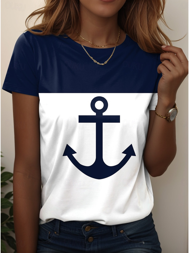  Women's T Shirt Floral Casual Short Sleeve Round Neck Regular Tops Daily Print White Wine Navy Blue Blue Dusty Blue Summer