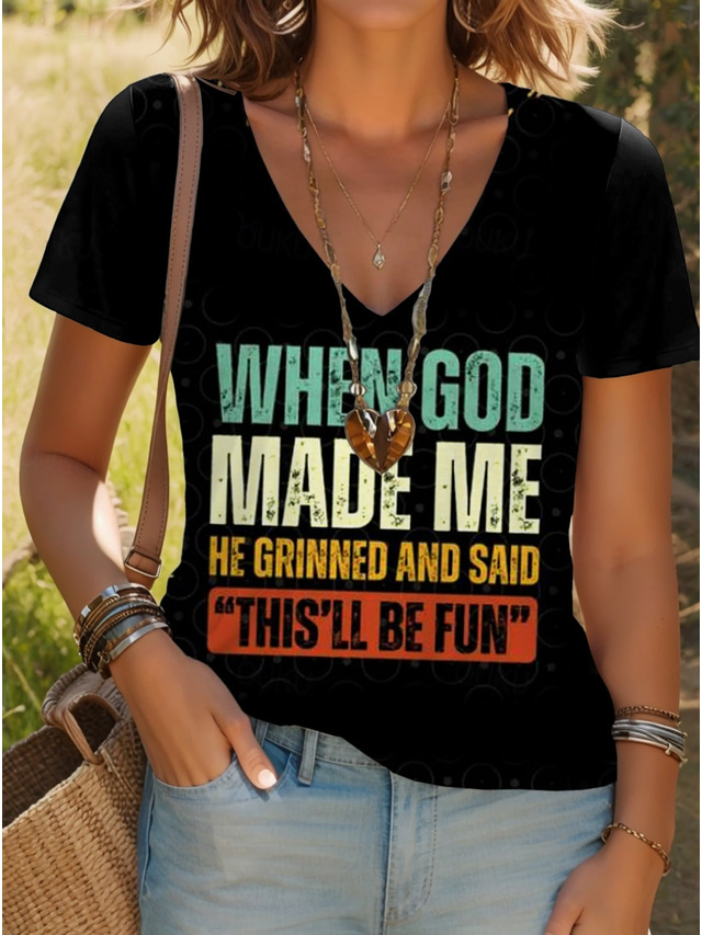  Pentru femei Tricou Grafic Scrisă Stilat Casual Manșon scurt Rotund Topuri obișnuite Zilnic Sfârșit de săptămână Imprimeu Negru Vară Primăvară