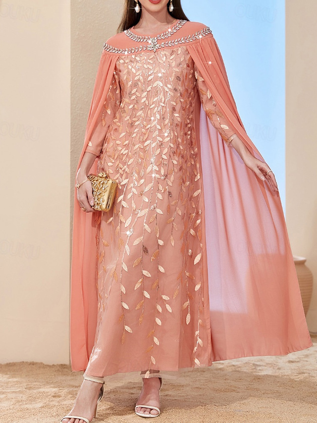  A-Line Cape Dress Mother of the Bride Dress Elegant Vintage Party Crew Neck Floor Length Chiffon Long Sleeve with Beading Embroidered Lace Applique