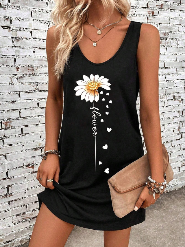  Women's Mini Dress A Line Dress Summer Dress Off The Shoulder Dress Vacation Casual Daily Loose Fit Floral Graphic Sunflower Sleeveless U Neck Black Summer