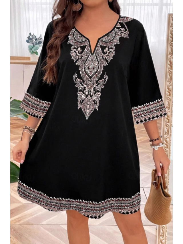  Women's Mini Dress Boho Dress Print Dress Fashion Classic Daily Beach Weekend Regular Fit Flower Half Sleeve V Neck Black Summer