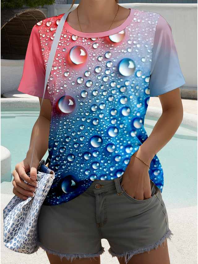  Women's T Shirt Ombre Graphic Color Gradient Stylish Casual Short Sleeve Round Neck Regular Tops Daily Weekend Print Blue Summer Spring