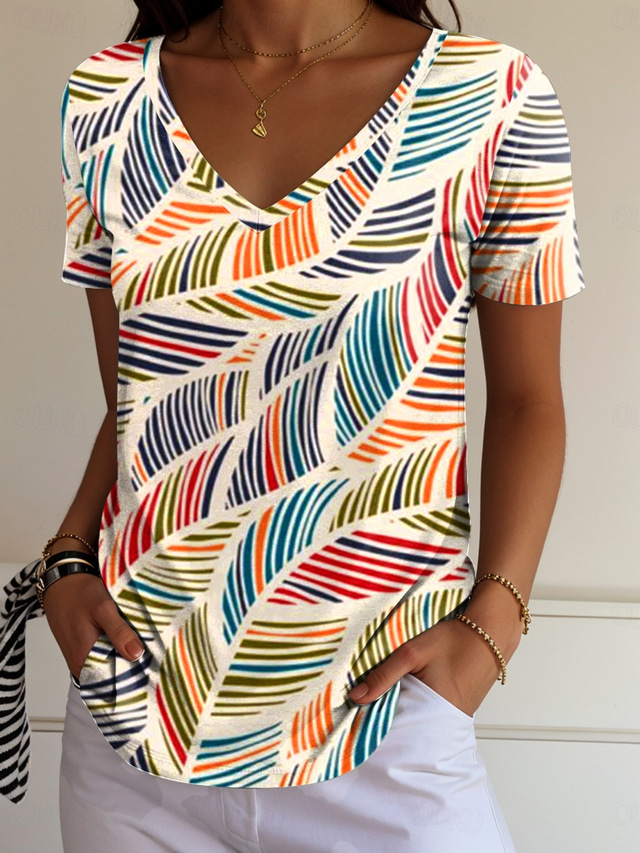  Women's T Shirt Ombre Graphic Geometric Casual Short Sleeve V Neck Regular Tops Daily Print Rainbow Summer Spring