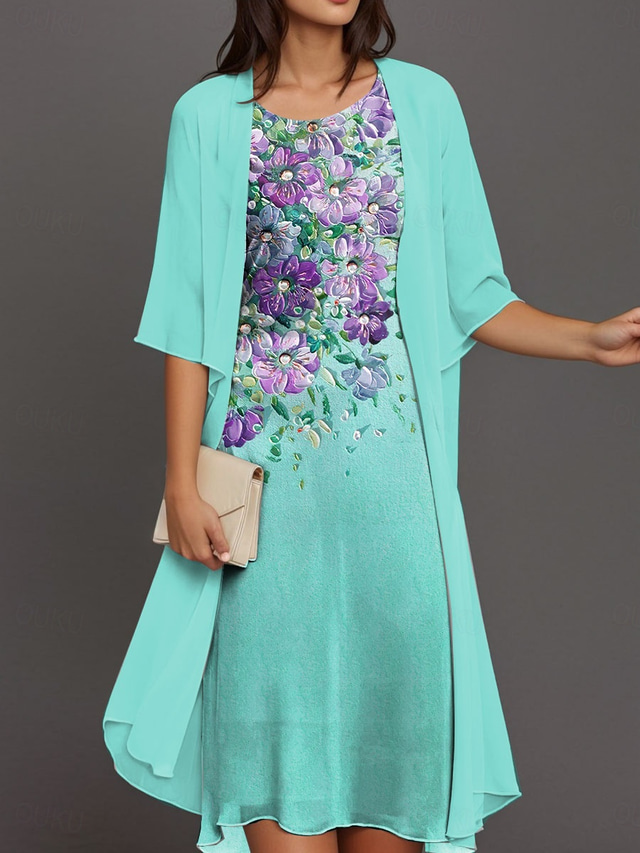  Dames Afstudeerjurk Mini Jurk Jurk Set A-lijn Jurk Vakantie Casual Bloemen Grafische Print Halve Mouw Ronde Hals Dagelijks Roze Blauw Groen Zomer Lente Loose Fit