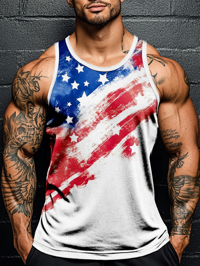  American Independence Day Men's American US Flag T Shirt Vest Top Sleeveless T shirt 3D Print Crew Neck Shirt Vacation Casual Hawaiian Holiday White 1 White Summer Spring Clothing Apparel S M L XL