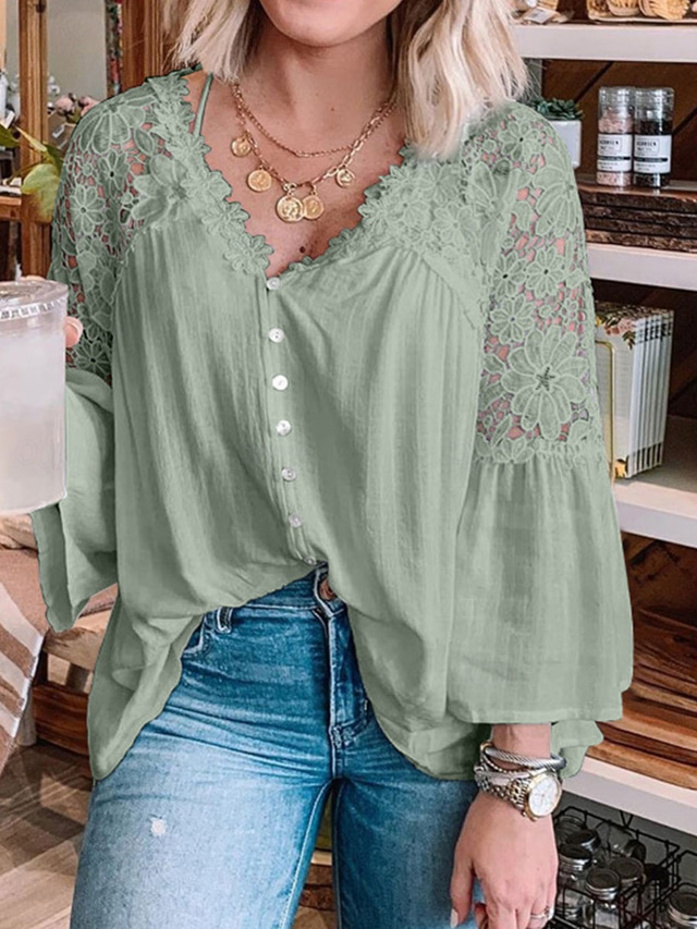  Dames Blouse Effen Kleur Stijlvol Casual Lange mouw V-hals Normale tops Dagelijks Knop Zwart Wit Rood Paars Groen Zomer Lente