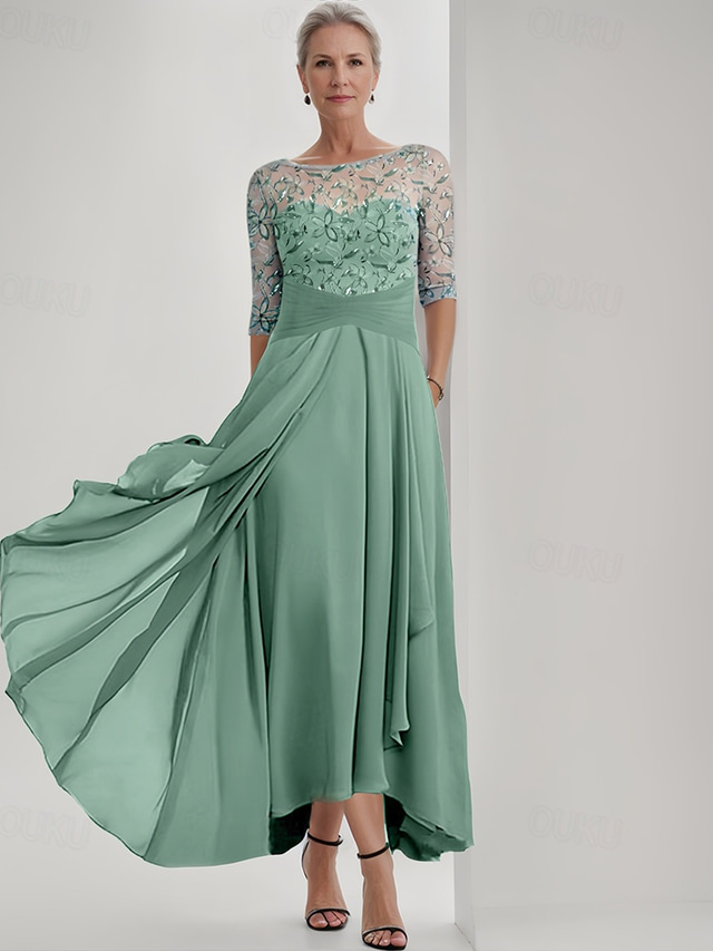  Blue Green Embroidered A-Line Dress Mother of the Bride Dress Elegant Jewel Neck Floor Length Chiffon Half Sleeve Wrap Included with Lace Ruffles Tier 2025