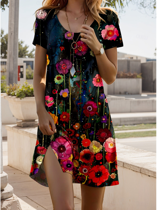  Damen Mini Kleid A-Linie Kleid T-Shirt Kleid Tee Kleid Sommerkleid Freizeit Alltag Regelmäßiger Schnitt Blumengrafik Kurzarm Rundhals Dunkelrot Sommer Frühling