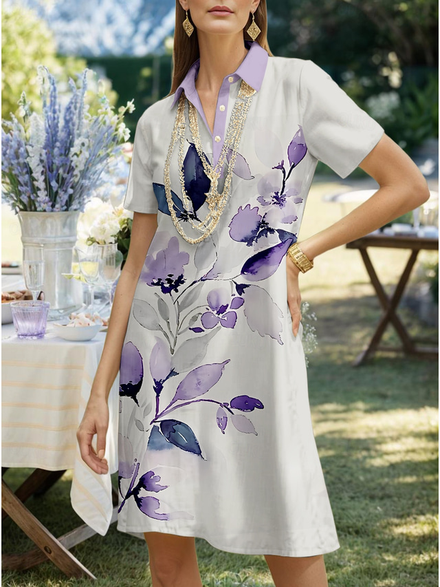  Damen Midikleid A Linie Kleid Urlaub Lässig Täglich Date Normale Passform Blumen Grafik Blatt Kurzarm Hemdkragen Silber Sommer Frühling