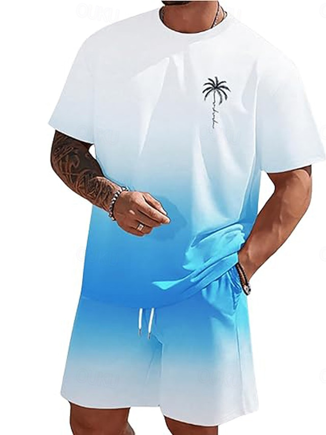  Men's Ombre Palm Tree 2pcs Tees sets Summer Tops Short Sleeve Short Pants Crew Neck beach vacation Sport Daily Going out 3D Print Summer White Blue Green